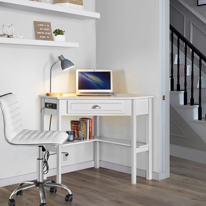 Annalycia Corner Computer Desk Workstation with Power Outlet, White