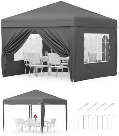Pop Up Folding Gazebo 3x3m, Waterproof with UV Protection 50+, Height Adjustable, Stable Steel Frame, 4 Side Panels, Pegs, Ropes, Sandbags & Carrying Bag, Garden Patio Camping Party Tent