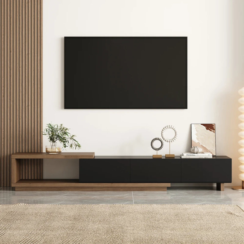 Quoint Extendable TV Stand with 3 Drawers (71"-100") - Modern Freestanding Stand for 80+ Inch TVs, Premium MDF, Wear-Resistant Tabletop, Interchangeable Left/Right Installation