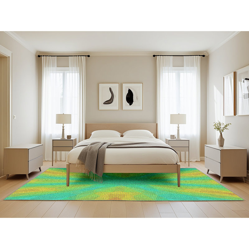 Tapis vert/jaune tissé à la machine, Rectangle 5 pi x 8 pi
