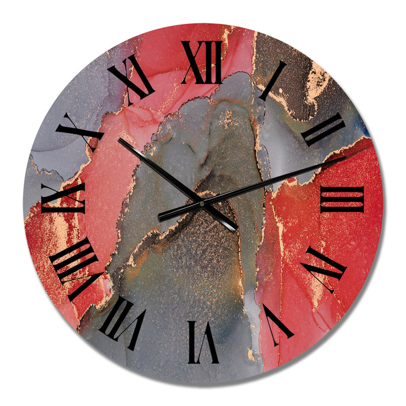 Gris et rouge, art abstrait fluide de luxe - horloge murale moderne, Petit