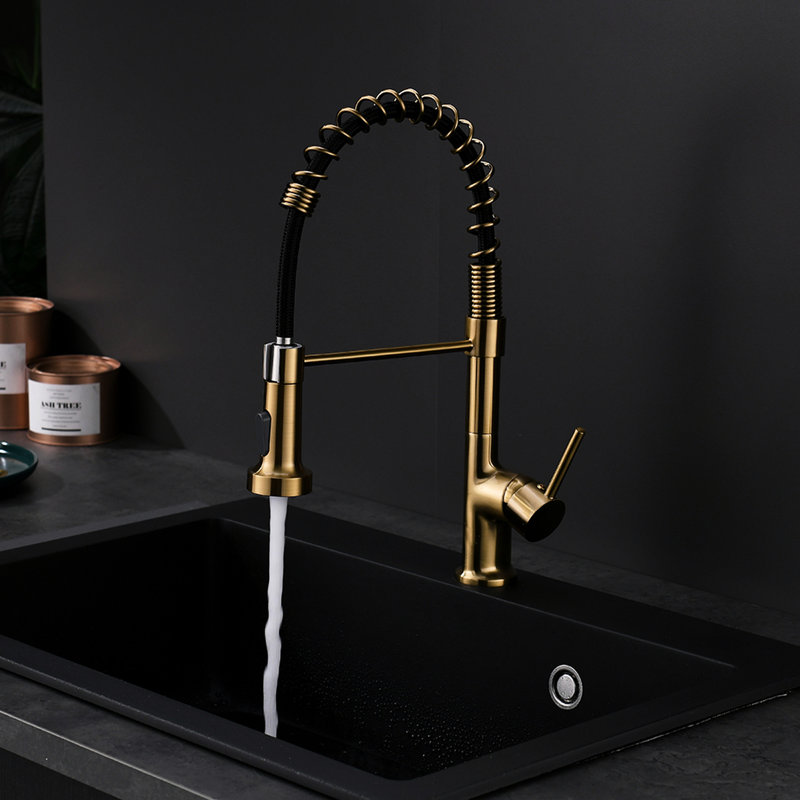Contemporary Gold Kitchen Faucet With Pull Down Segment, Single Handle Lever, 360 Rotation, High Arch Spout, Ceramic Filler, Brass Commercial Unit,