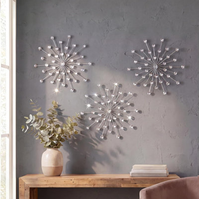 3 Pack Silver Sunburst Wall Decor – Metal Crystal Wall Art With Sparkling Rhinestones, 14’’/18 Inch Starburst Wall Hanging Set For Living Room Bedroom Bathroom – Modern Bling Home Decorations