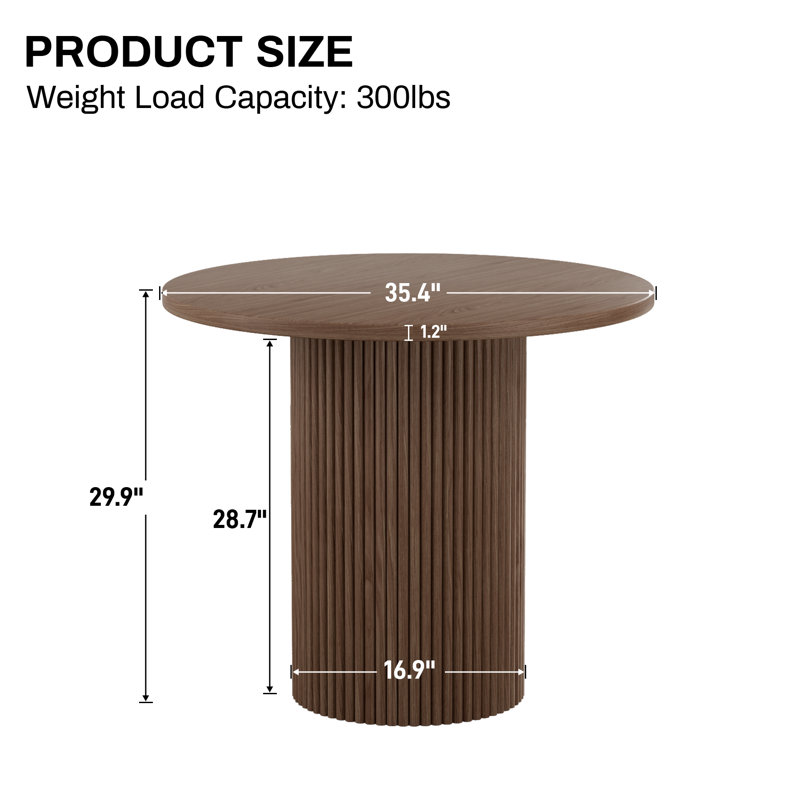 Pedestal Elegant Wood Texture Round Dining Table, Walnut, 29.9”H x 35.6”L x 35.6”W