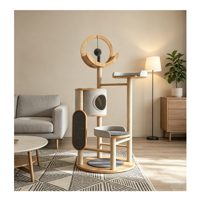 Arbre à chat moderne en bois et métal avec poteau en sisal et perchoirs multi-niveaux