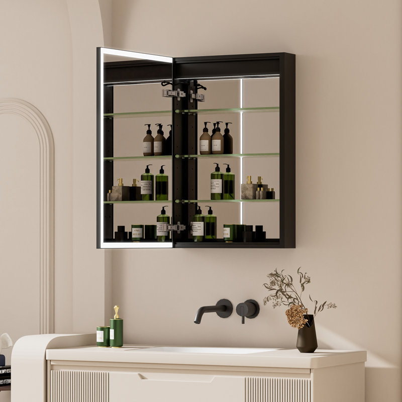 Armoire murale à DEL encastrée ou en surface 30 po H avec miroir et tablettes réglables, cadre noir, Gauche