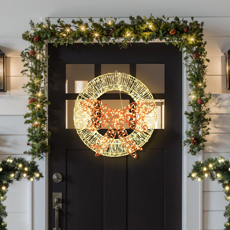 Lighted Wreath and Red Bow Holiday Decoration with Timer