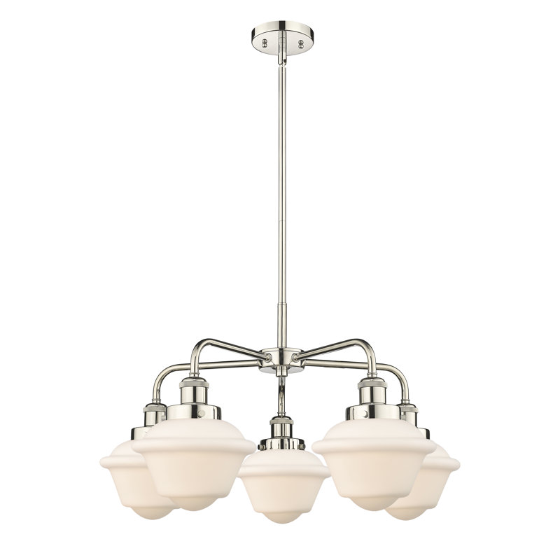 Lustre bol à 5 lumières en verre à intensité variable Grourke, Blanc mat, Nickel poli