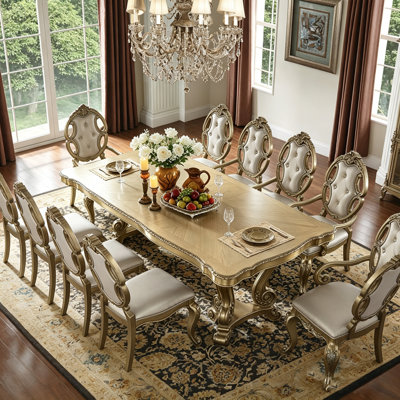 90‑114" Traditional American Carved Double‑Pedestal Extendable Dining Table, Antique Gold Pine Veneer Formal Dining Room Table
