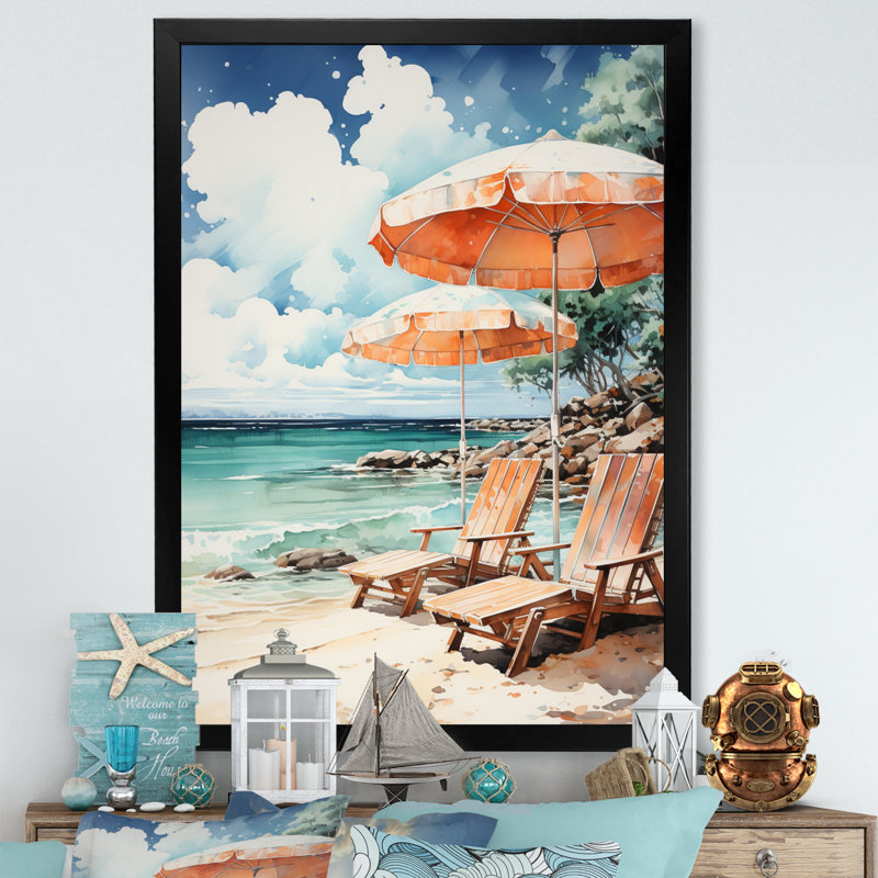 «Vintage Beach Chairs Scenery II», reproduction sur toile, Cadre photo noir, H 20 po x l 12 po x P 1 po