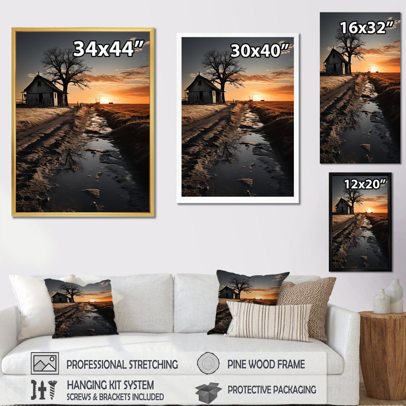 «Sunrise Horizon On Barn Photo», reproduction sur toile, H 40 po x l 30 po x P 1,5 po, Cadre flottant blanc