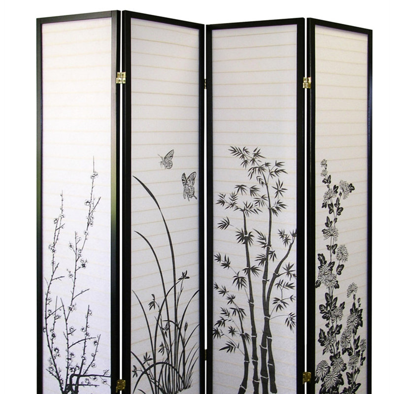 Paravent de 70 po de hauteur à 4 compartiments avec finition florale, finition noire pour plus d'intimité
