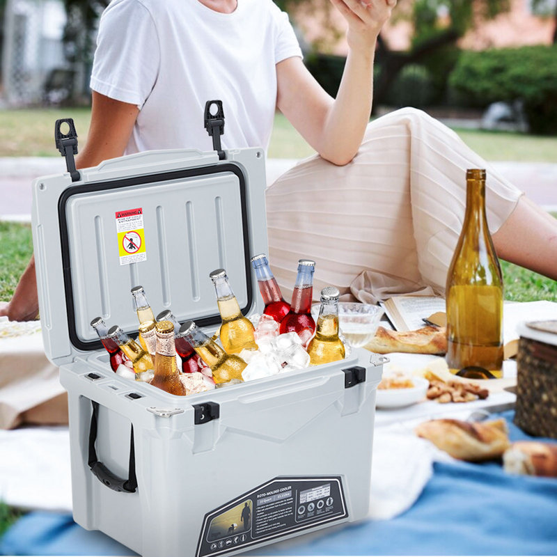 35QT Camping Cooler, Heavy Duty Ice Chest, 7-Day Ice Retention, Built-in Drain Plug, Bottle Opener, Fish Ruler, Leak-Resistant, Heavy Handle, Portable for Camp, Beach, Picnic, BBQ, Fishing, Gray