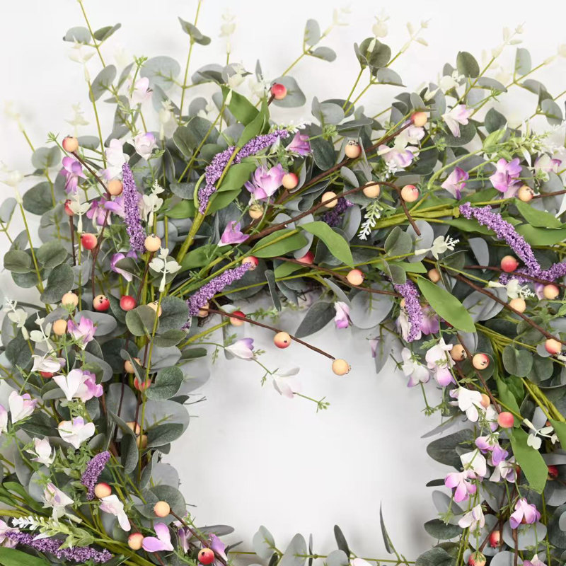 Couronne de fleurs artificielles 26 "de fleurs de lavande et de baies en grappe d'eucalyptus pour porte d'entrée 26"