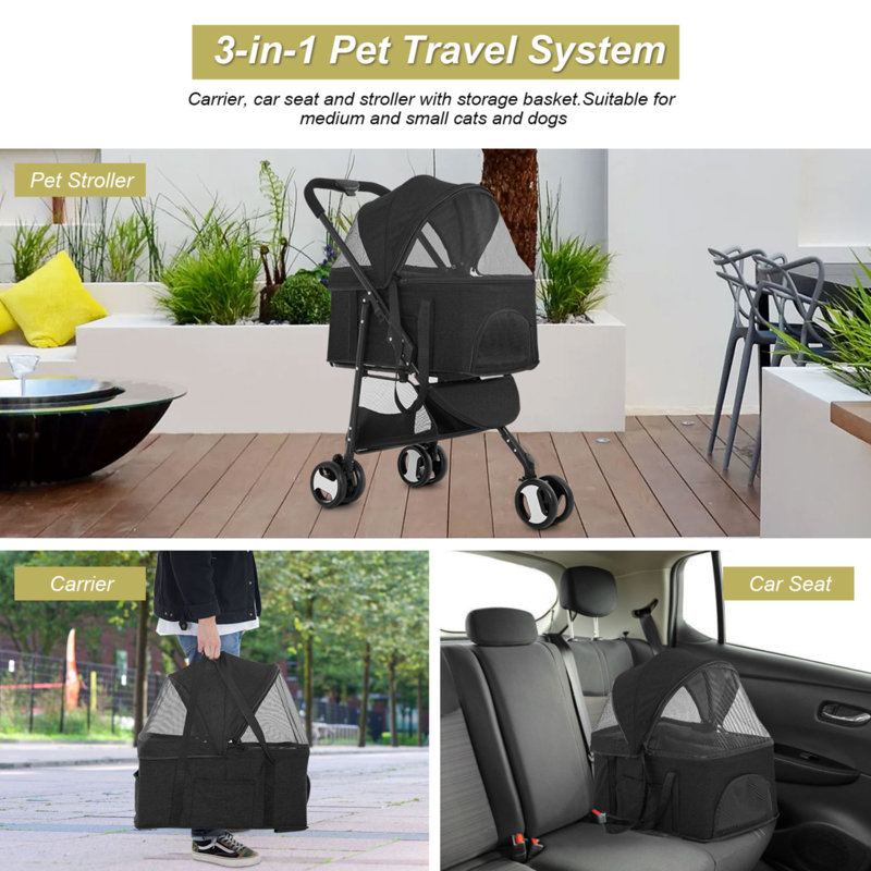 Black Linen and Stainless Steel Pet Stroller with Detachable Carrier
