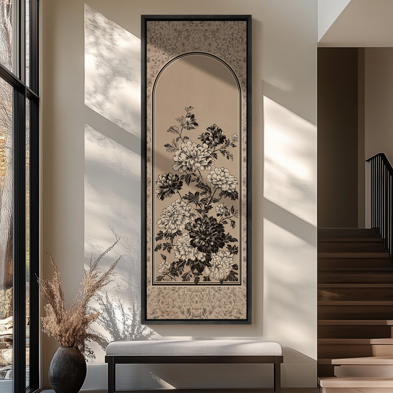 Panneau rétro arqué floral avec détails botaniques élégants - impression sur toile encadrée pour chambre principale, Noir
