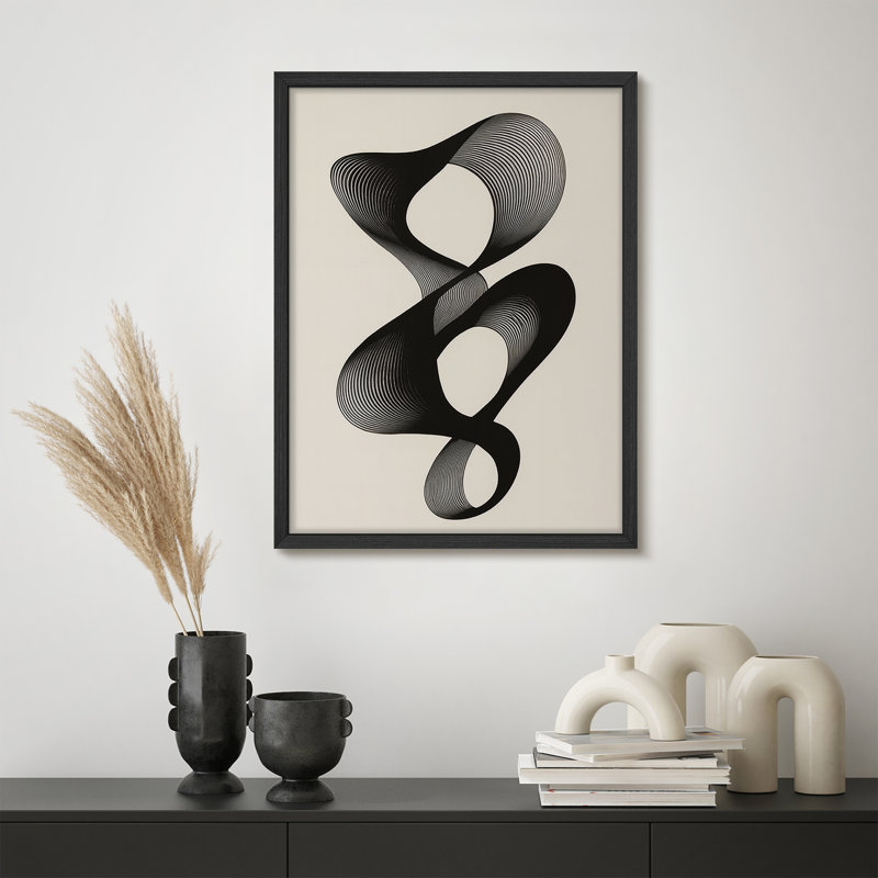 Abstrait géométrique abstrait imprimé encadré - conception optique noir et blanc avec courbes fluides, œuvre d'art minimaliste moderne pour le bureau ou le salon