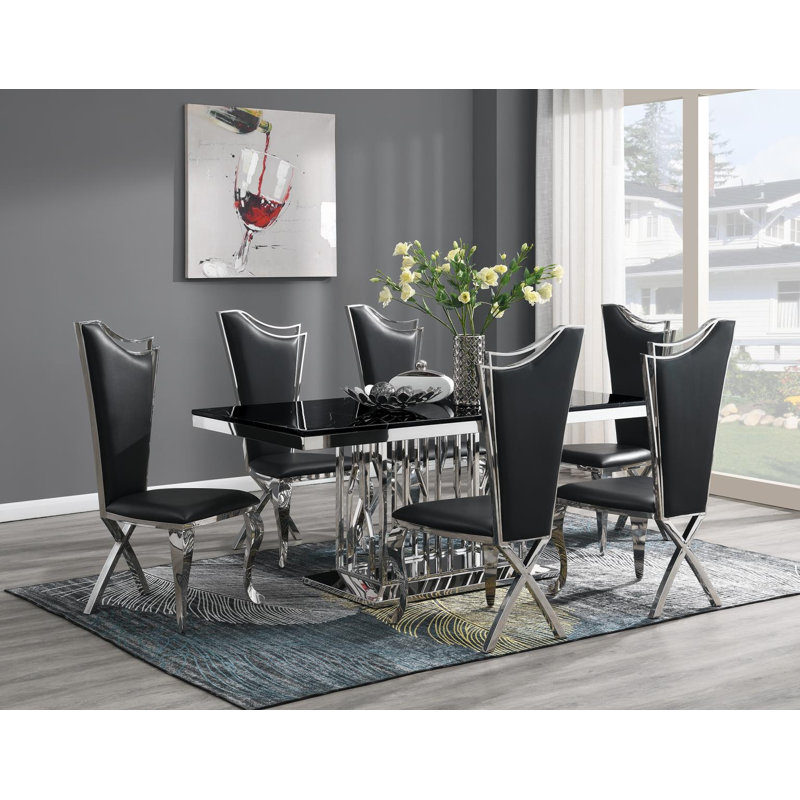 Table de salle à manger (marbre noir) et 6 chaises en cuir noir, Black Marble, 7 Pieces: Table, 6 Chairs