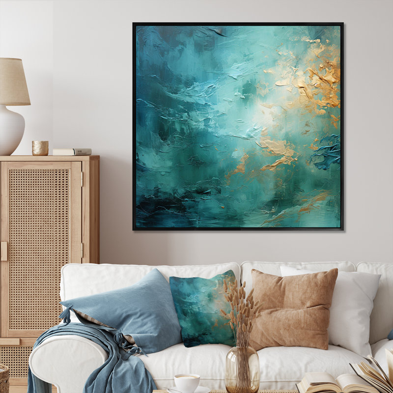Teal Oasis III - Abstrait paysages, art mural, Cadre flottant noir, H 16 po x l 16 po x P 1 po