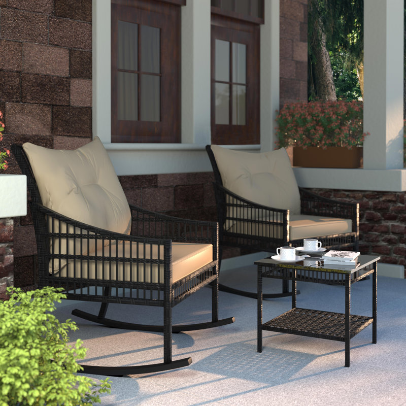 2-Person Outdoor Seating Group, Wicker Rocking Chairs with Cushions and Side Table, Black Frame/Cream Cushion