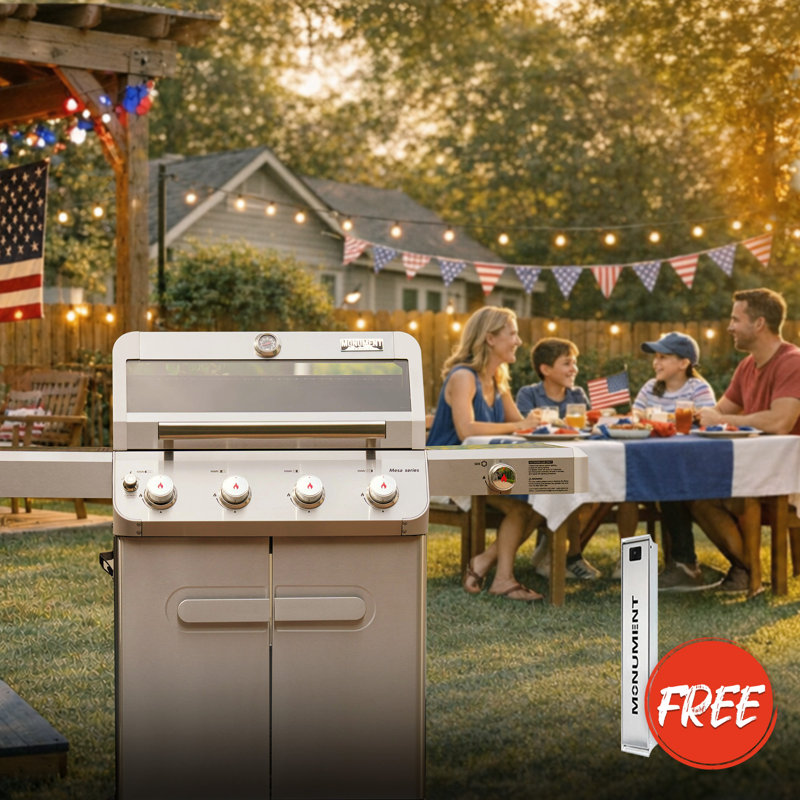 Monument Grills M405K Retro-Modern 4+1 Burner Freestanding Gas Grill with Smoker Box, Clearview® Window Lid, Side Burner, LED Control Knobs & Cabinet, 630 Sq. In. Cooking Area🍔