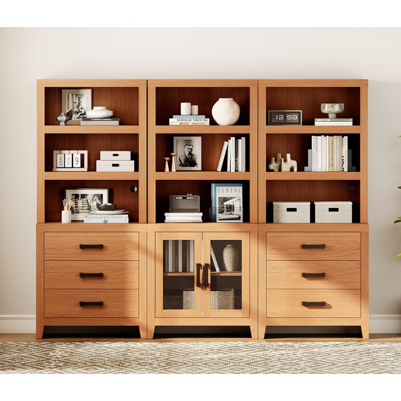 74" Tall Bookshelf With, 3-Tier Farmhouse Bookcase With Glass Doors And Drawers, Multifunctional Storage Cabinet For Living Room, Home Office, Library
