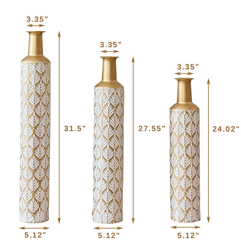 Medhansh Metal Floor Vase with Embossed Leaf Pattern, Handmade Tall Decorative Vase (Set of 3)