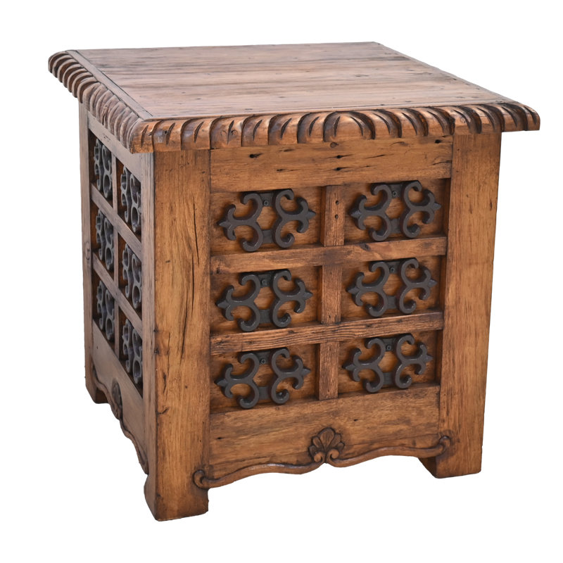 Hand-Carved Rustic Wood Accent Table with Decorative Metal Inserts