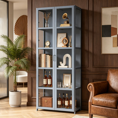 Modern Home Office 63" 5-Tier Transparent Display Cabinet Acrylic Double Door Floor-Standing Showcase Bookshelf Curio Cabinet For Living Room Bedroom