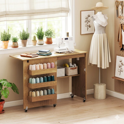 Foldable Sewing Cabinet With Charging Station And Lockable Casters, Expandable Sewing Desk For Home Office, Natural