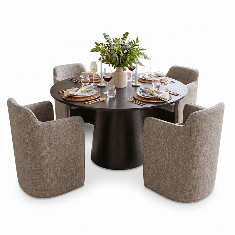 4 - Person Dining Table Sets With Solid  Round Table & 4 Upholstered Fabric Chairs, Black, Light Brown