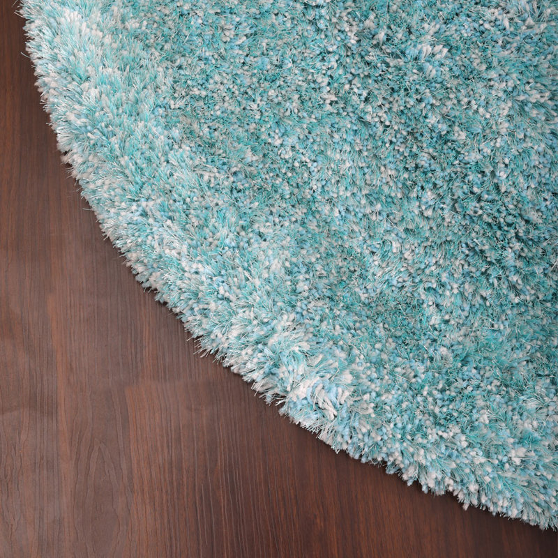 TAPIS DE SALLE DE BAIN EN POLYESTER ÉCOLOGIQUE ET ACCOUDÉ À LA MAIN Accomac - Rond | Turquoise / blanc | Conception solide | Tapis de salon, chambre à coucher