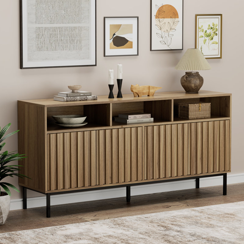 61.4'' Walnut Fluted Sideboard with Metal Legs