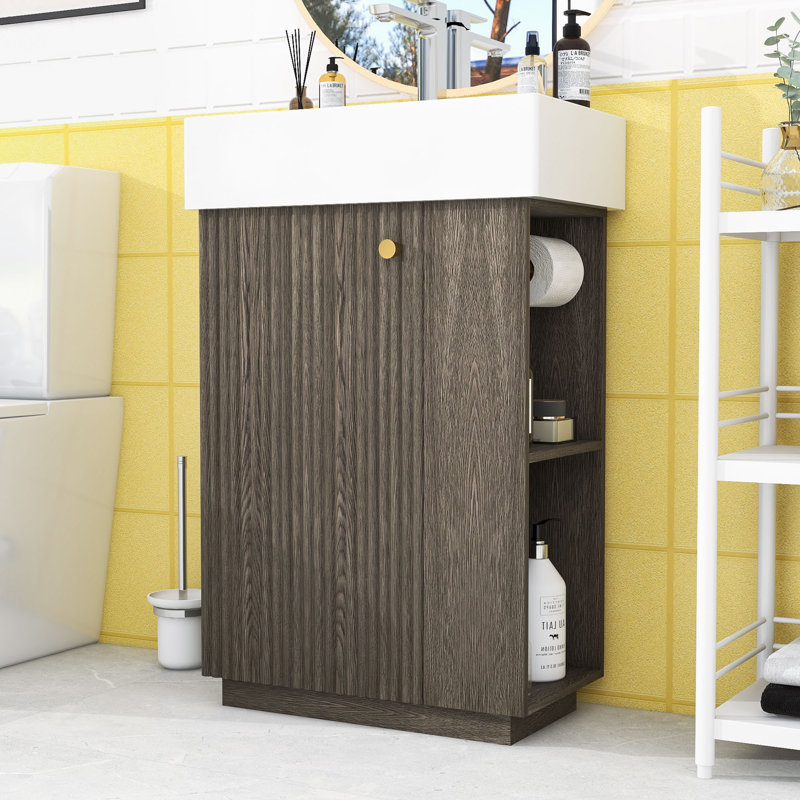 Meuble-lavabo de salle de bain avec lavabo en céramique, armoire de rangement et tablettes ouvertes, Gris foncé