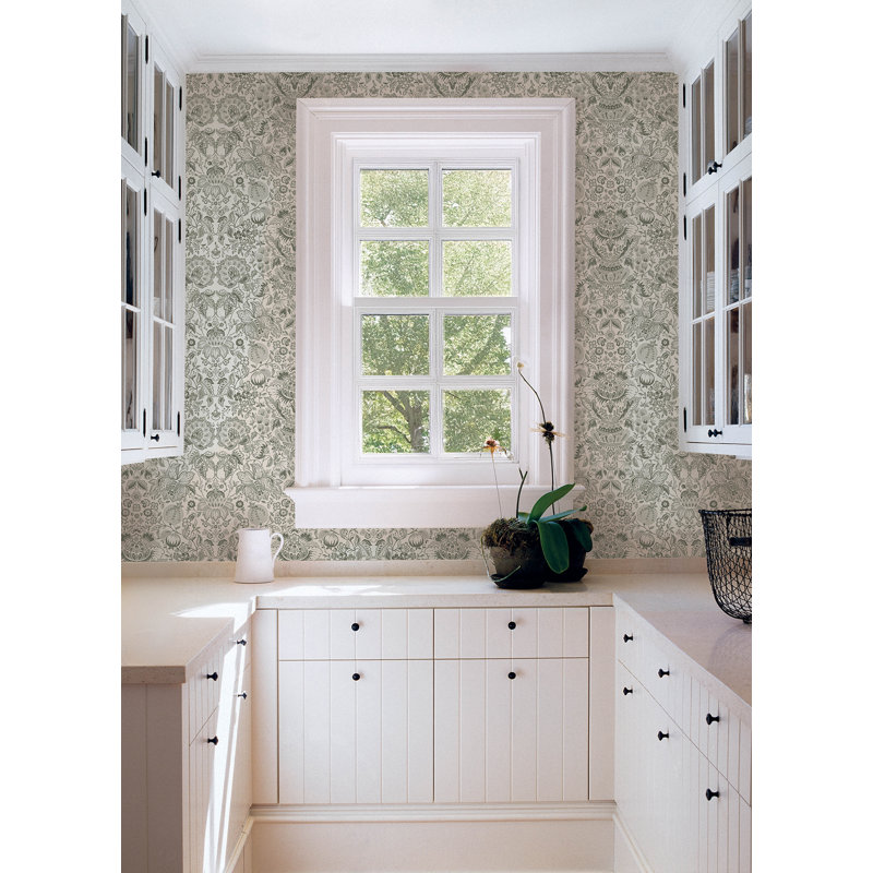 Blanche Dark Green Floral Damask Wallpaper, Green