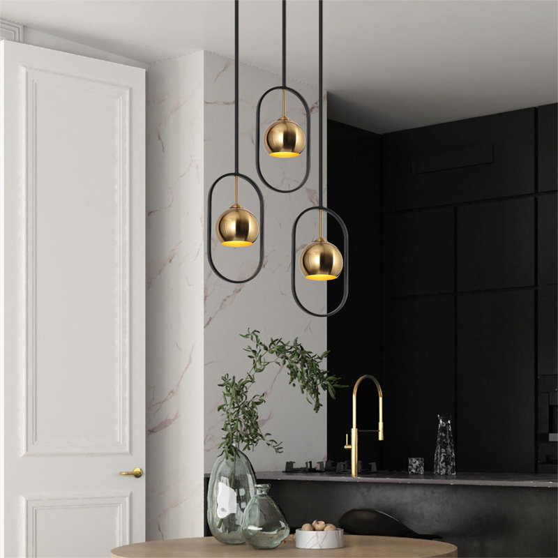  Christobal 1 - Light Single Small Globe Kitchen Island Pendant with Brass Metal Shade, Black/Brass