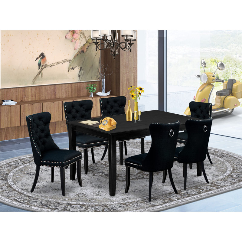 7 Piece Dinette Set Includes a Rectangle Dining Table and 6 Polyester Fabric Upholstered Parson Chairs, Black, Black, Black