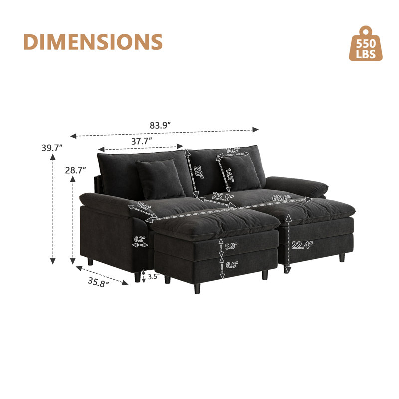 Canapé double en chenille avec deux repose-pieds, Noir