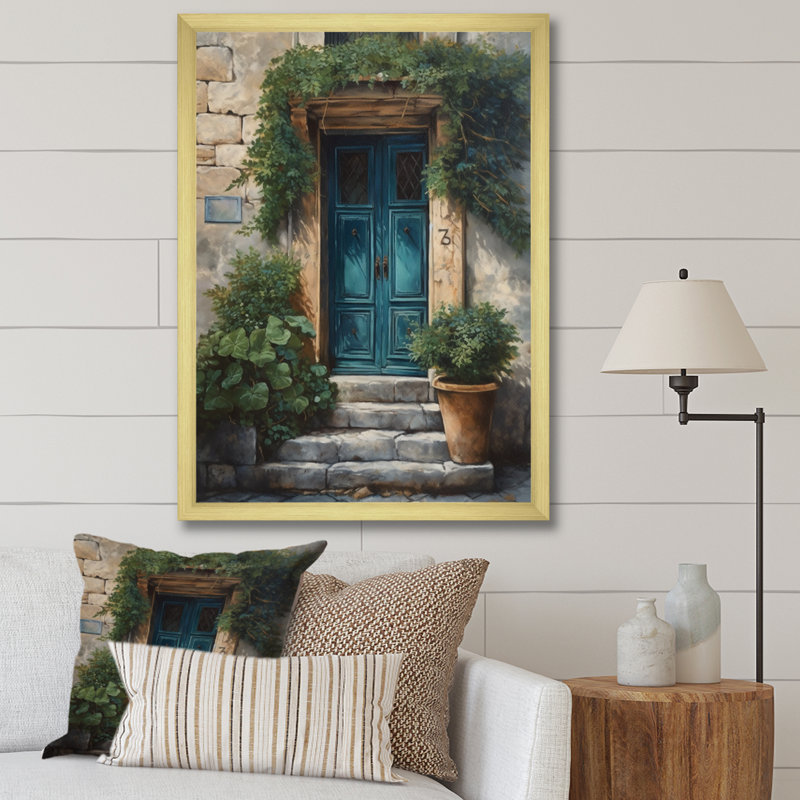 Impression sur toile de la porte d'entrée nature II de Robrick, bleu et beige, Encadrement doré, H 32 po x l 16 po x P 1 po
