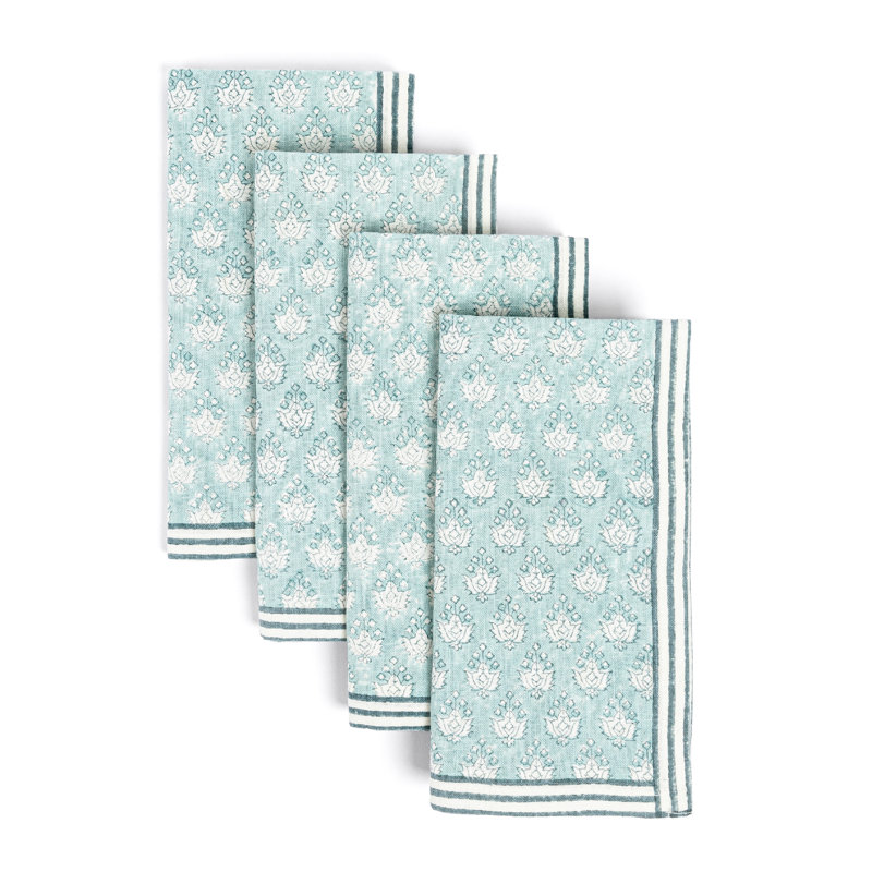de 4 serviettes de table bloquées à la main et au-dessus, ensemble de 4, Feuille bleue