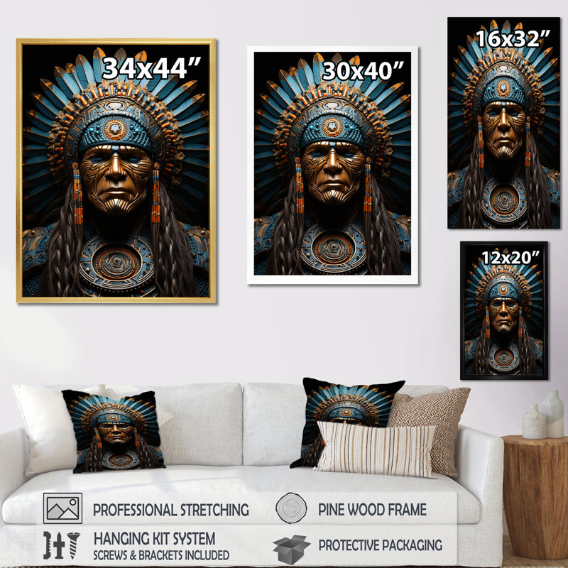 «Native American Warrior Portrait II», reproduction sur toile, Cadre flottant noir, H 40 po x l 30 po x P 1,5 po