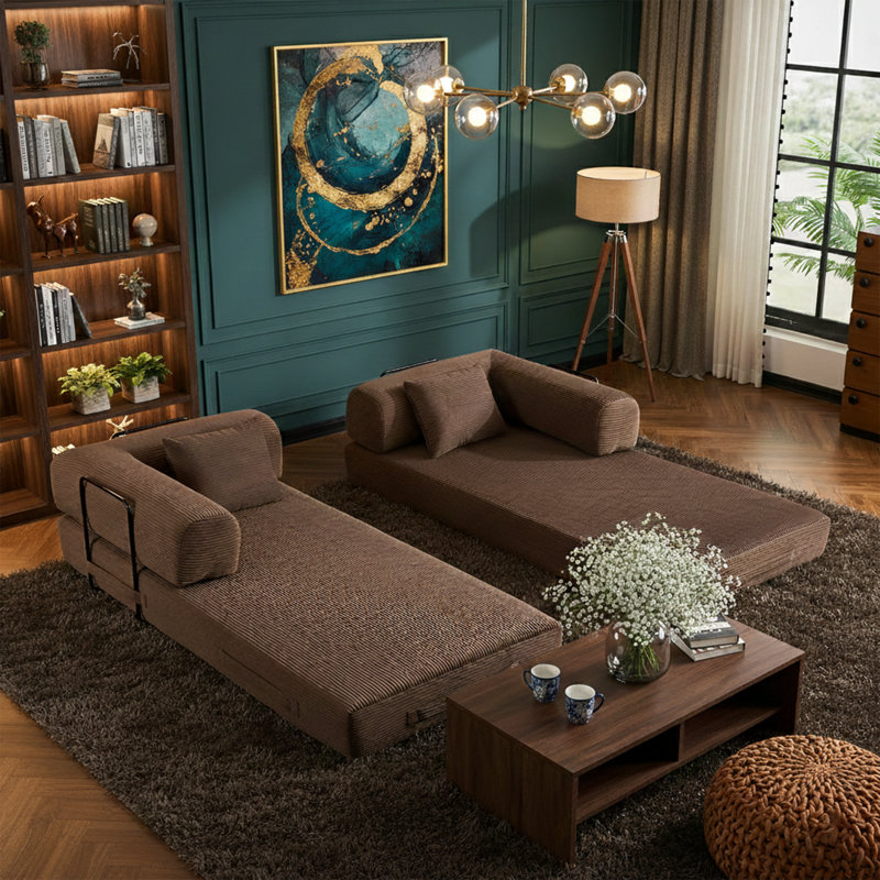 Canapé-lit convertible 77,9 po avec coussin cylindrique - 4-en-1 - Velours côtelé noir, Brun