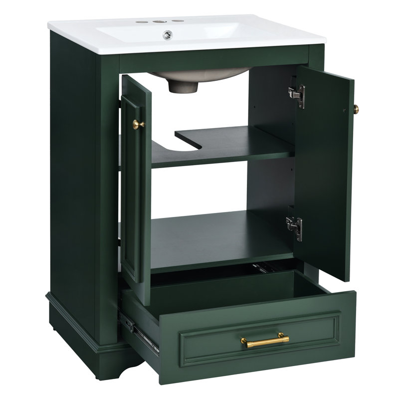 Meuble-lavabo de 61 cm avec lavabo en céramique, structure de rangement moderne et poignées argentées, tiroir spacieux