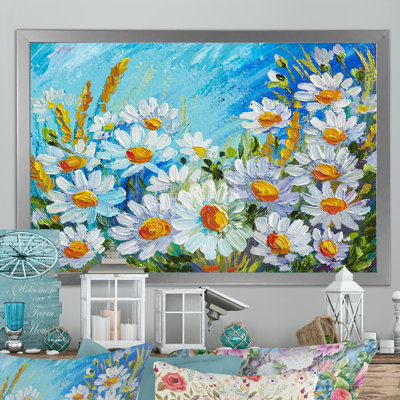 Fleurs de champ de camomille printanières - reproduction sur toile avec cadre flottant