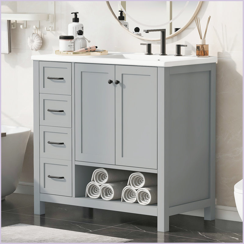 Meuble-lavabo 36 po avec comptoir, deux portes et deux tiroirs, Gris