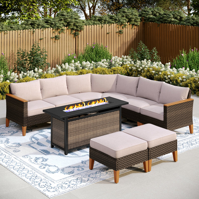 Ensemble de conversation modulaire d'extérieur en osier avec foyer Salem, Beige, Oui