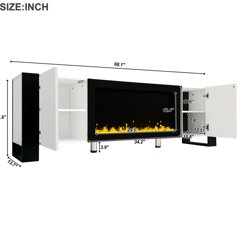 Meuble télé minimaliste blanc avec foyer électronique 34,2 po, 2 armoires pour magazines et plus de rangement