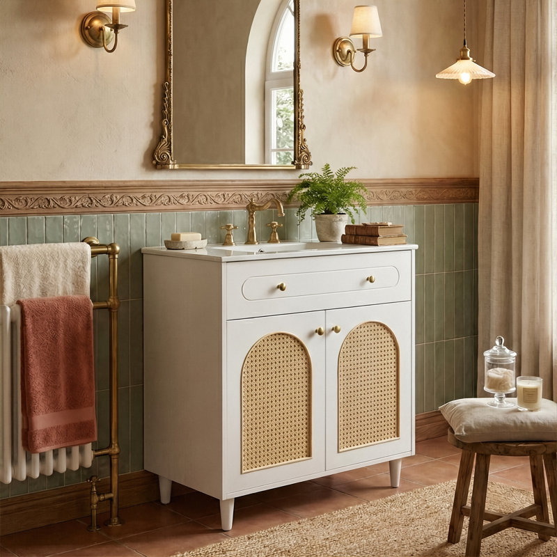 Armoire de meuble-lavabo autoportante 30 po avec plateau basculant, unité de rangement en bois massif et en rotin avec plateau en céramique (noyer / blanc)