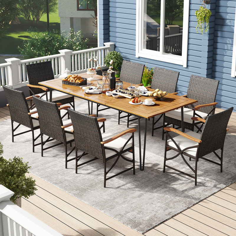 Ensemble de 9 chaises de table de salle à manger de patio, 86,5 po L Table de salle à manger avec trou pour parasol