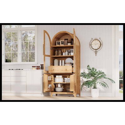 Armoire garde-manger de 71 po de hauteur avec arches de porte, tablettes ouvertes et réglables, tiroir caché et porte vitrée, armoire de cuisine et de salle à manger, naturel